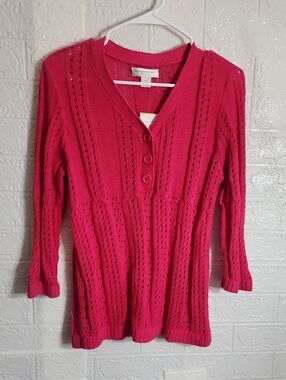 Christopher & Banks Bright Pink V-Neck Button Sweater